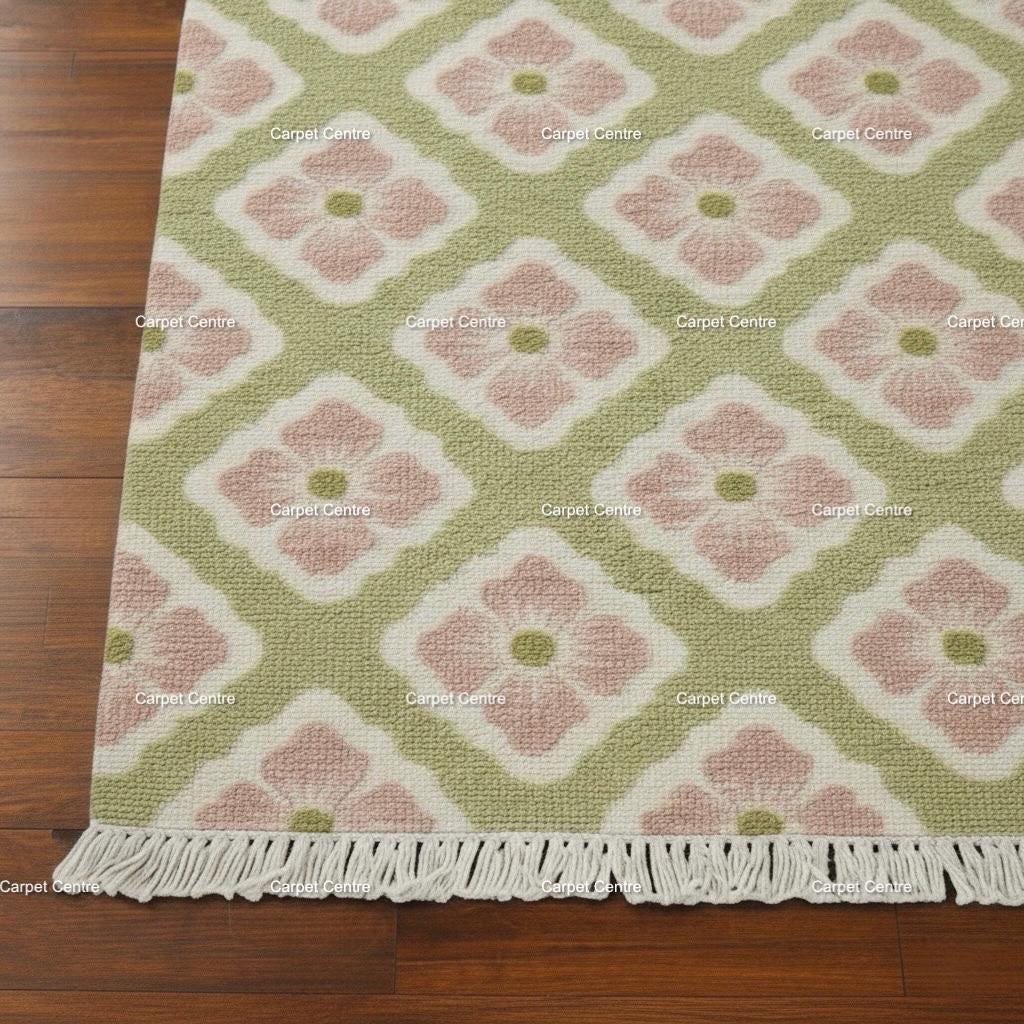 Hand-Knotted Wool Oushak Rug, Sage Green Floral Trellis, Cottagecore Decor