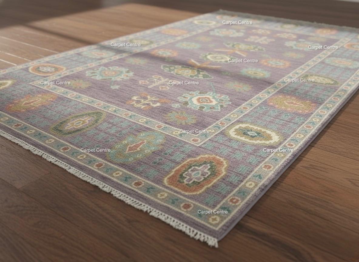 Hand-Knotted Oushak Wool Rug: Lilac Purple Folk Art Medallion