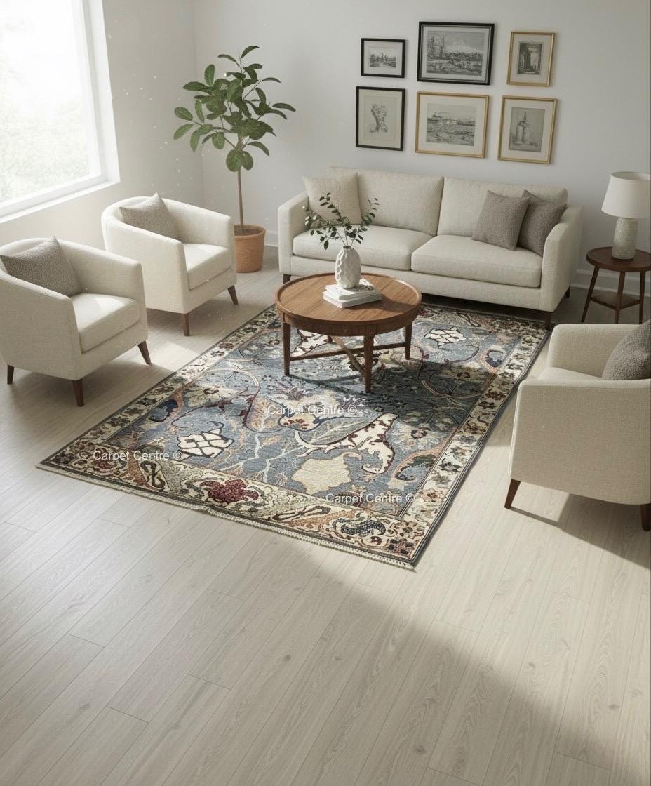 Hand-Knotted Dusty Blue Wool Rug | Traditional Oriental Design