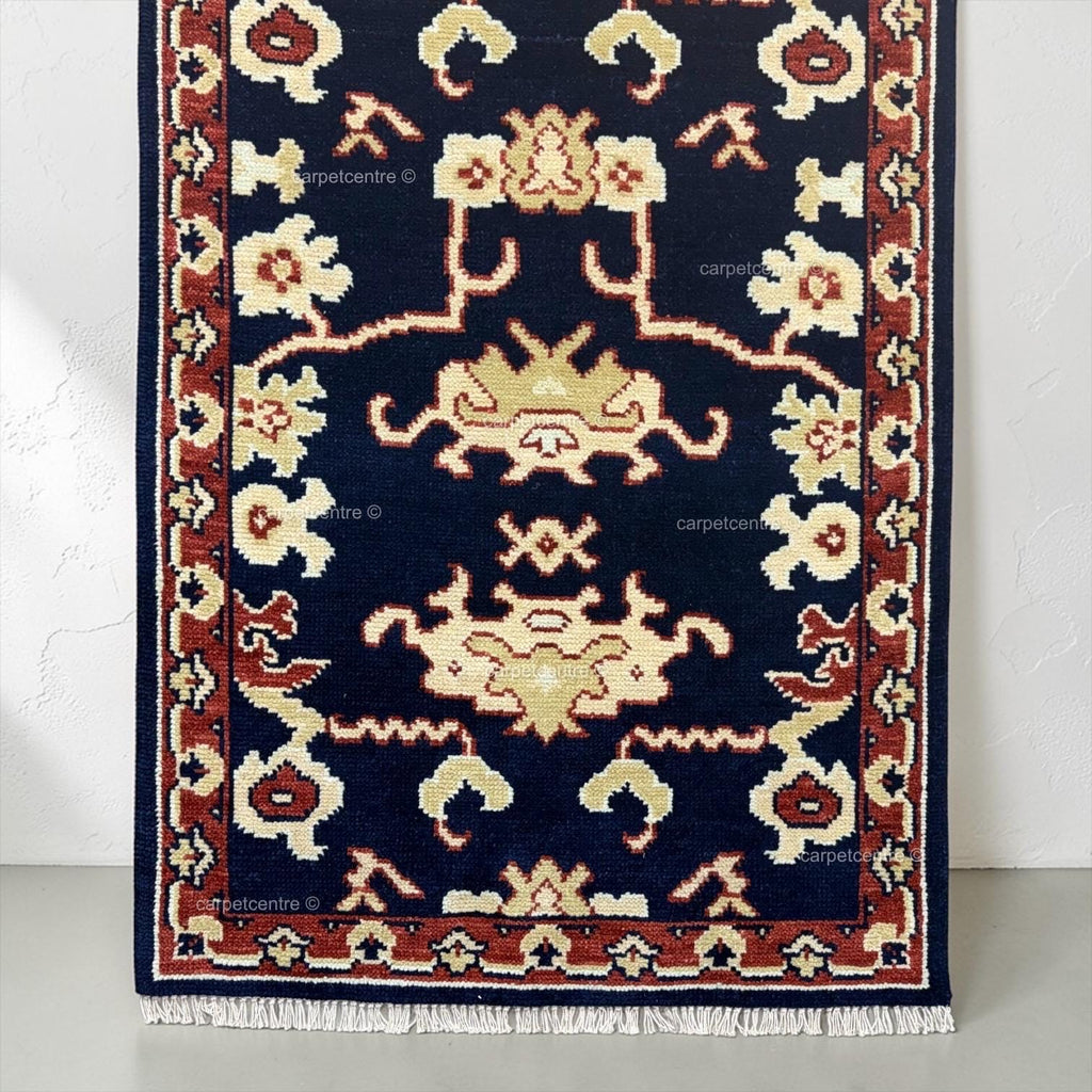 Hand-Knotted Wool Runner Rug, Navy Blue Tribal Design, Traditional Hallway Entryway Carpet