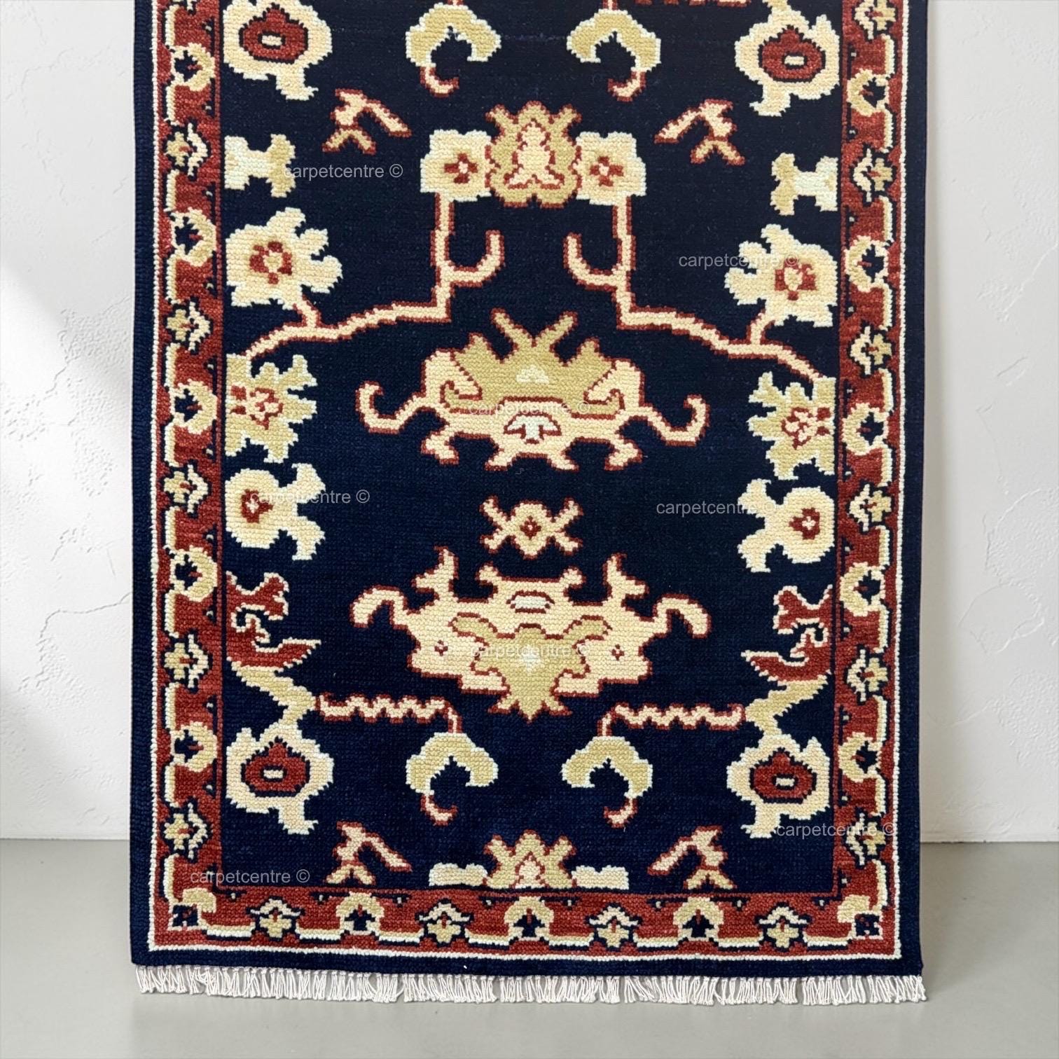 Hand-Knotted Wool Runner Rug, Navy Blue Tribal Design, Traditional Hallway Entryway Carpet