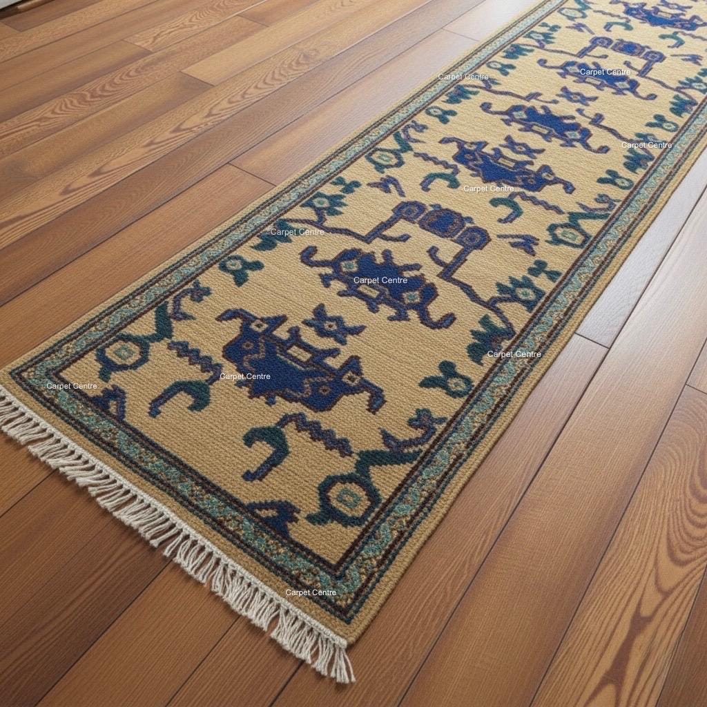 Hand-Knotted Wool Runner Rug, Golden Yellow Oushak, Navy Tribal Design