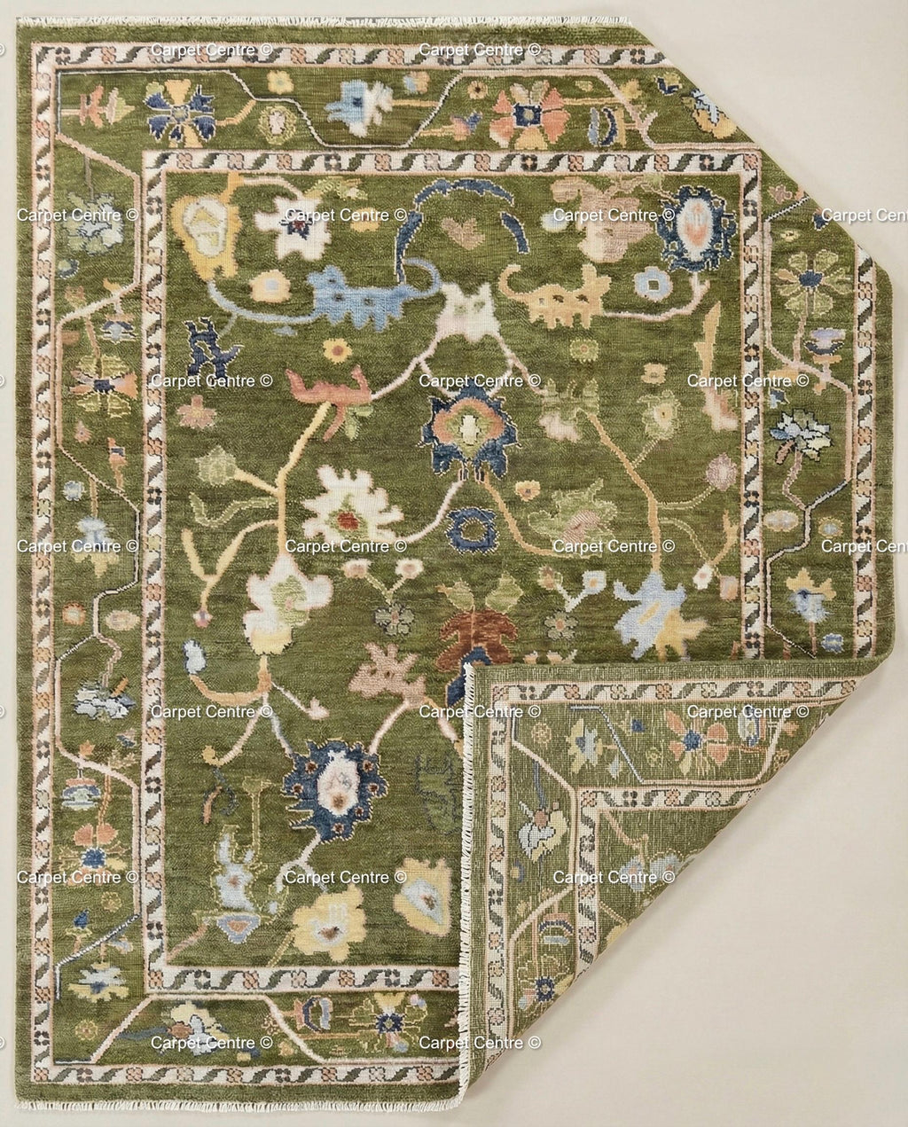 Hand-Knotted Wool Oushak Rug, Olive Green Arts & Crafts Style