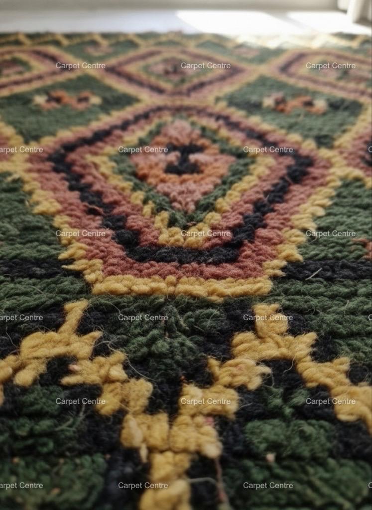Green Moroccan Shag Rug, Hand-Knotted Wool, Geometric Diamond, Tulu Style
