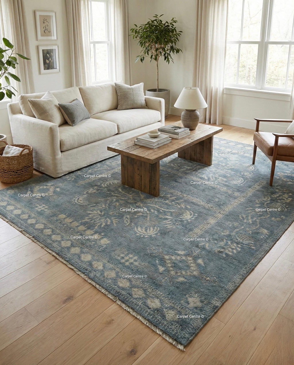 Slate Blue Hand Knotted Oushak Wool Rug, Turkish Vintage Area Carpet