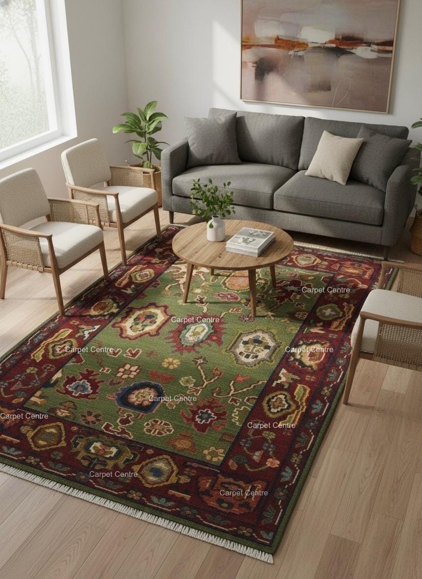 Hand-Knotted Oushak Rug, 100% Handspun Wool, Olive Green, Boho Eclectic
