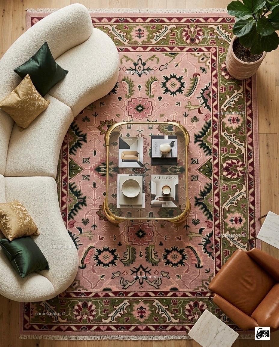 Hand Knotted Pink Oushak Rug, Olive Green Floral Wool Carpet, Vintage Style Nursery Decor