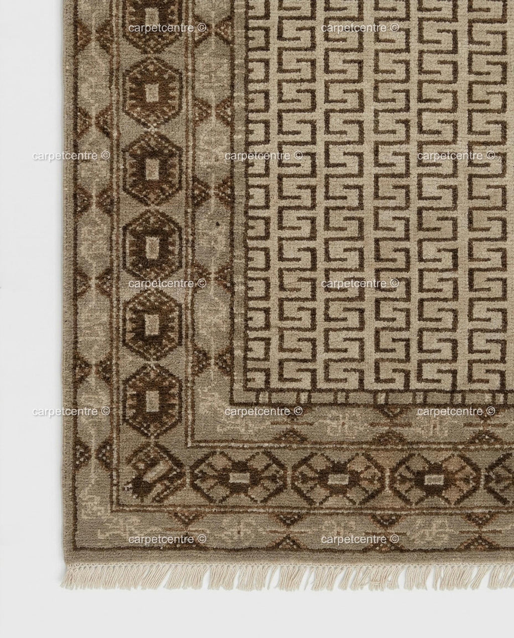 Neutral Geometric Oushak Rug | Beige Greek Key Wool Carpet (Custom Sizes)