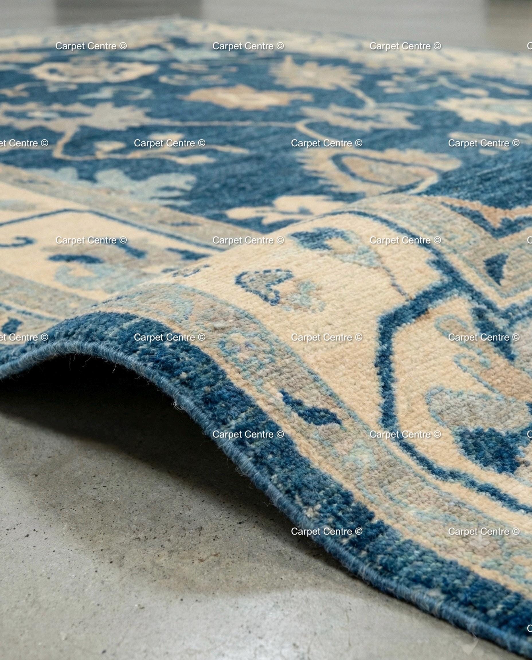 Hand Knotted Navy Blue Wool Oushak Rug, Traditional Floral Carpet