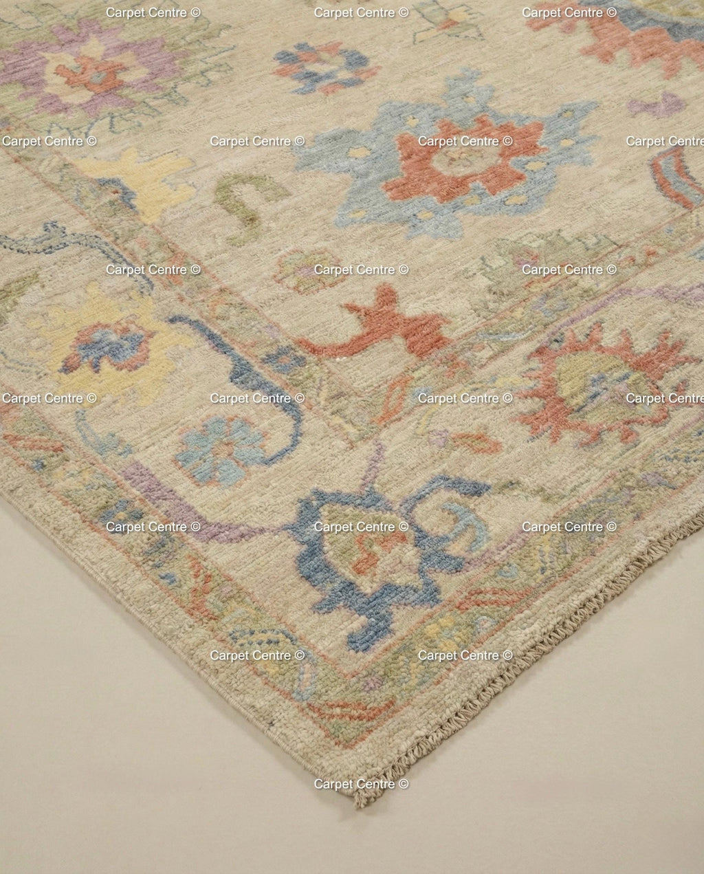 Hand Knotted Wool Oushak Rug – Beige & Pastel Floral, Turkish Knot