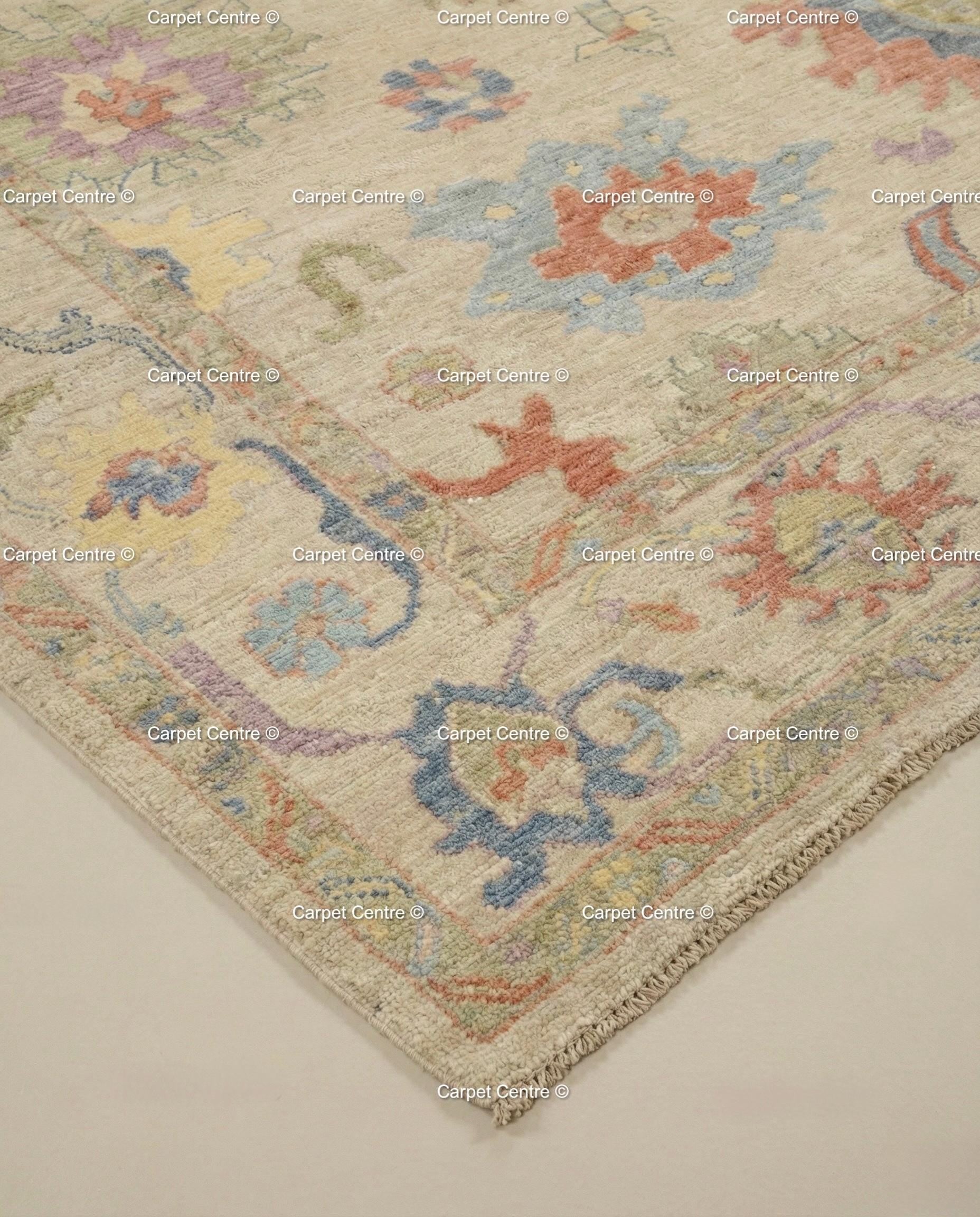 Hand Knotted Wool Oushak Rug – Beige & Pastel Floral, Turkish Knot