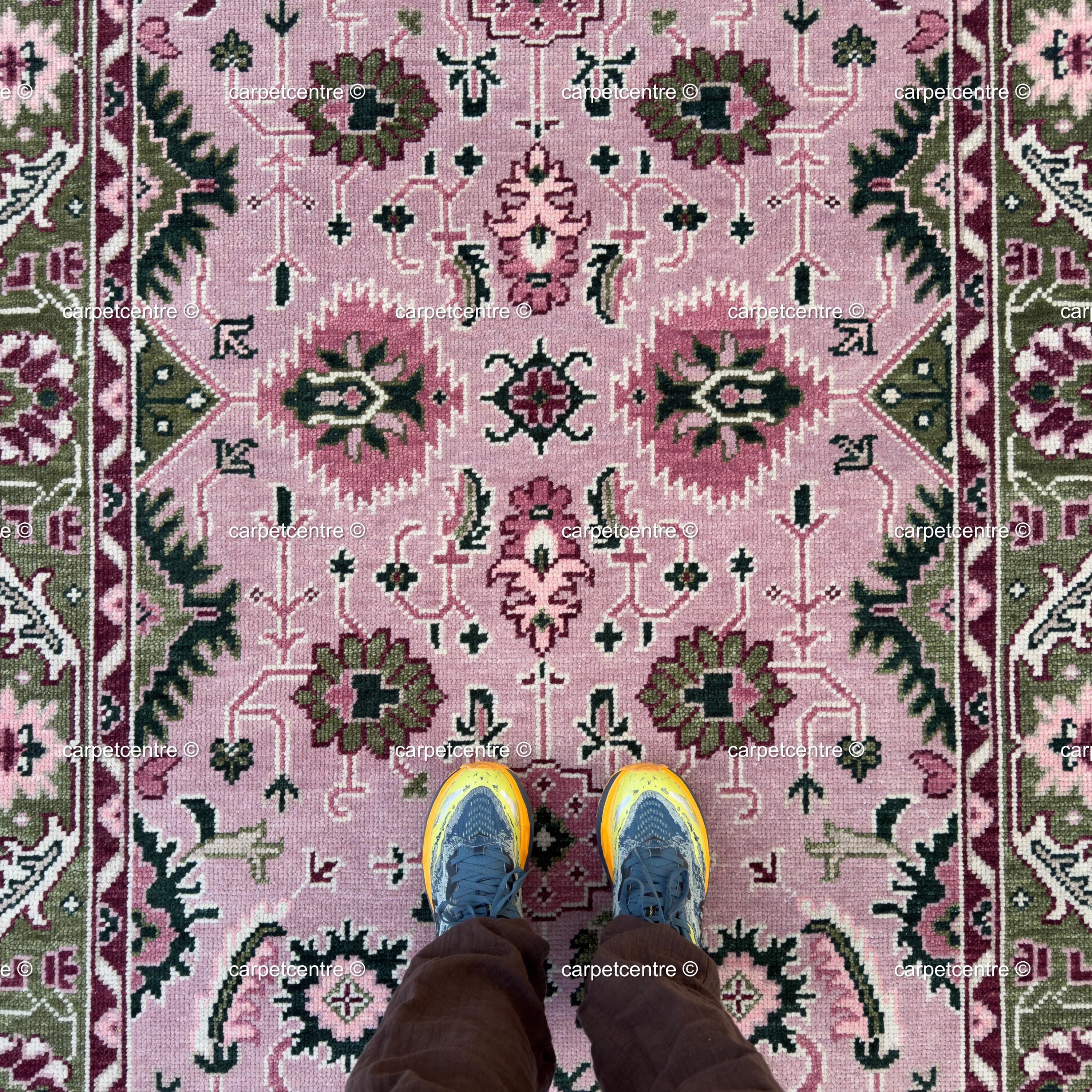 Hand Knotted Pink Oushak Rug, Olive Green Floral Wool Carpet, Vintage Style Nursery Decor