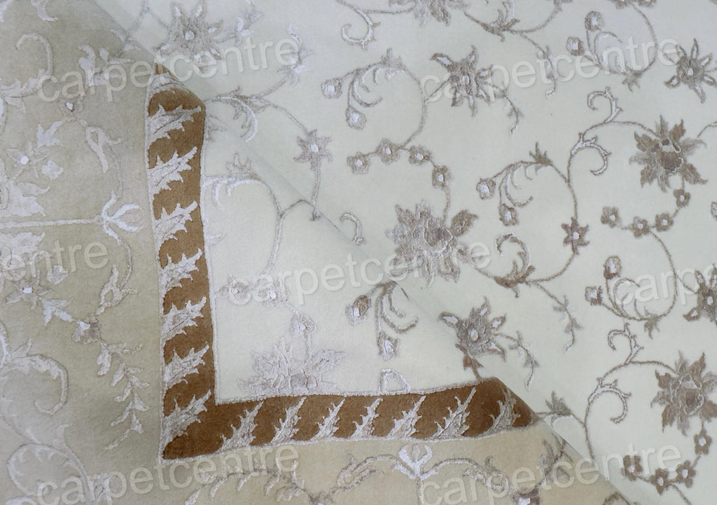 Vintage Beige Floral Wool Rug: Handwoven Indian Art Silk Carpet