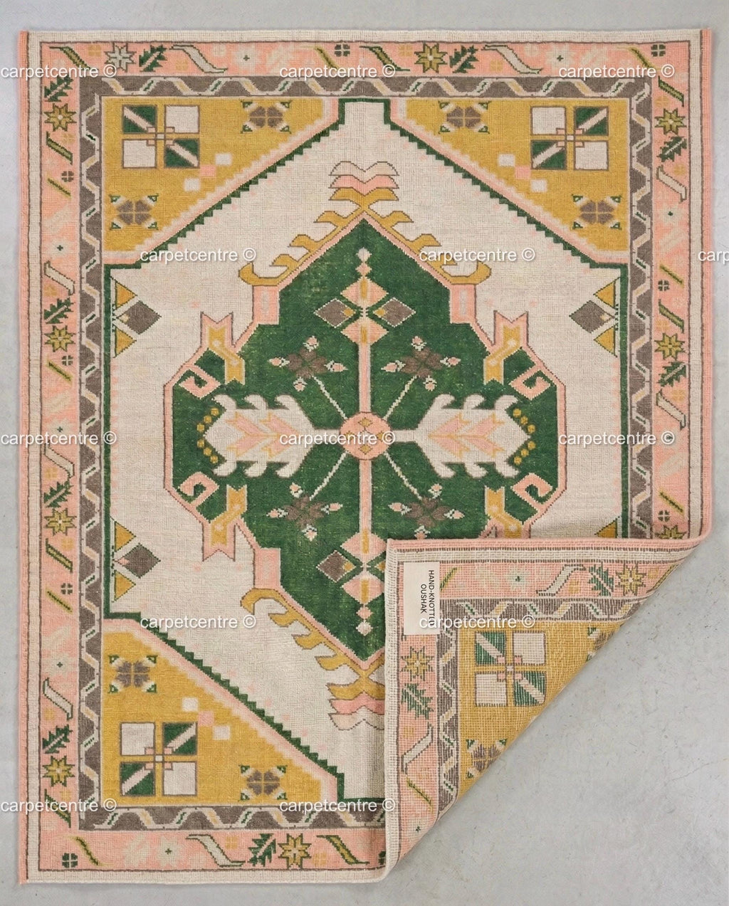 Hand Knotted Wool Oushak Rug | Green, Yellow, Pink Geometric Boho Area Rug