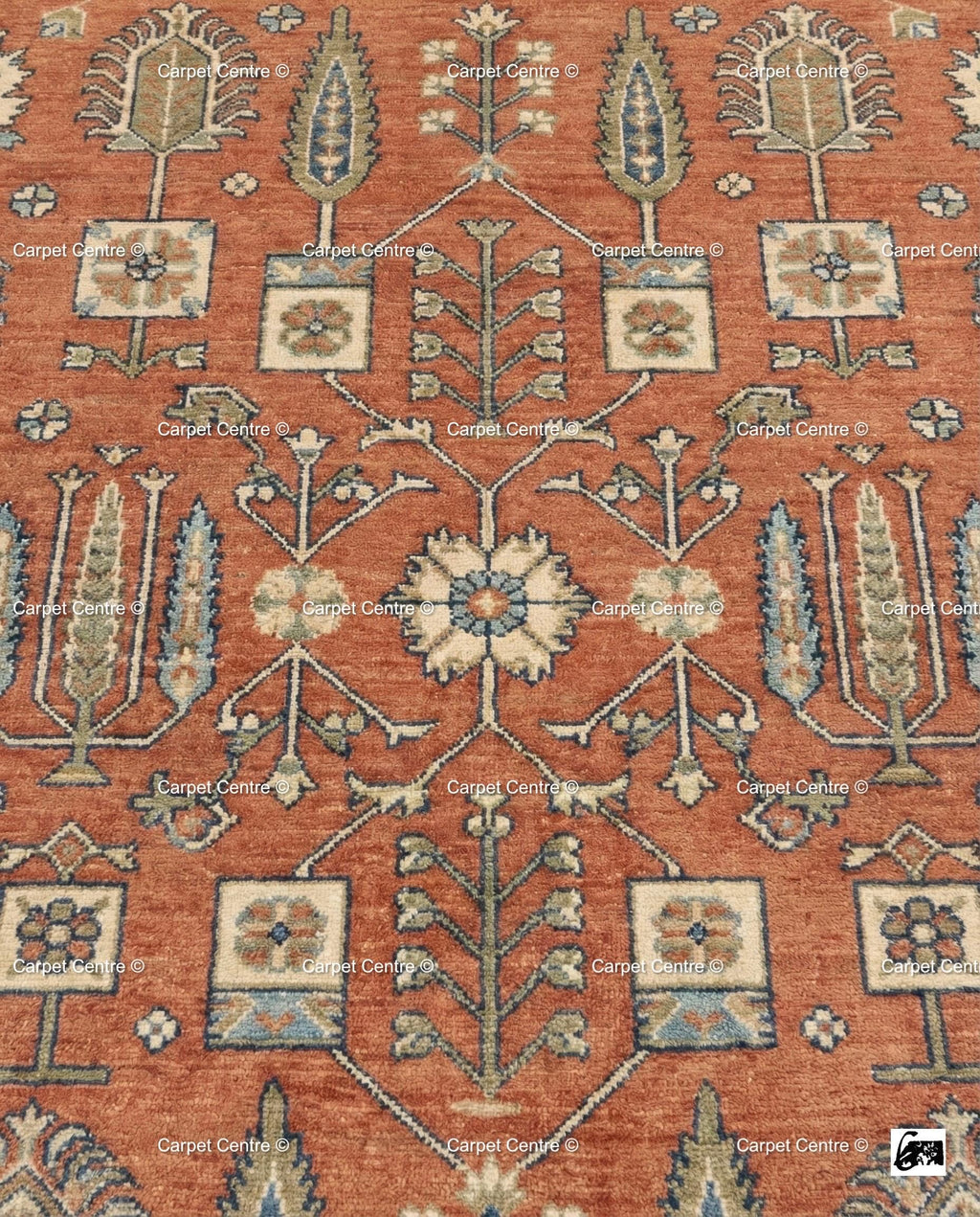 Hand Knotted Oushak Rug, Turkish Wool, Tree of Life, Terracotta & Navy