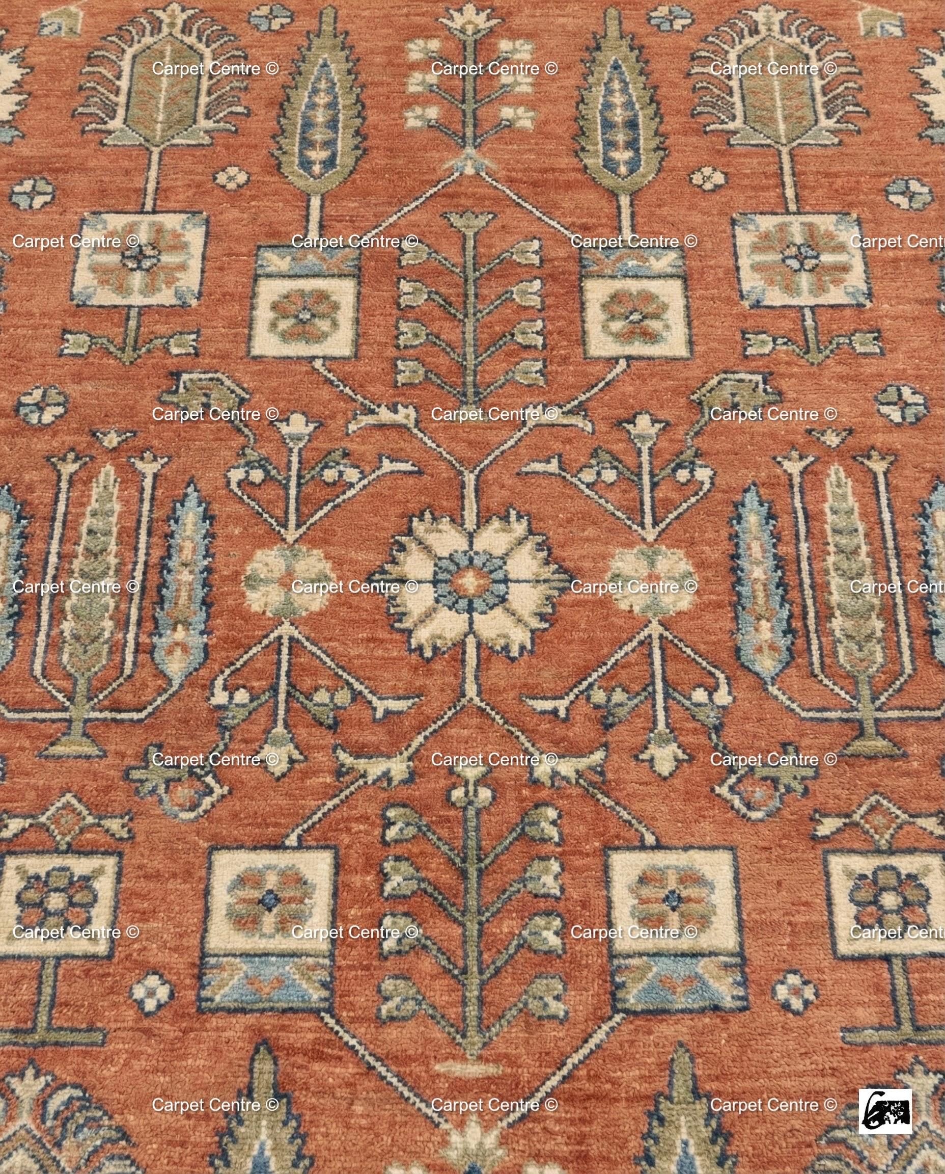Hand Knotted Oushak Rug, Turkish Wool, Tree of Life, Terracotta & Navy