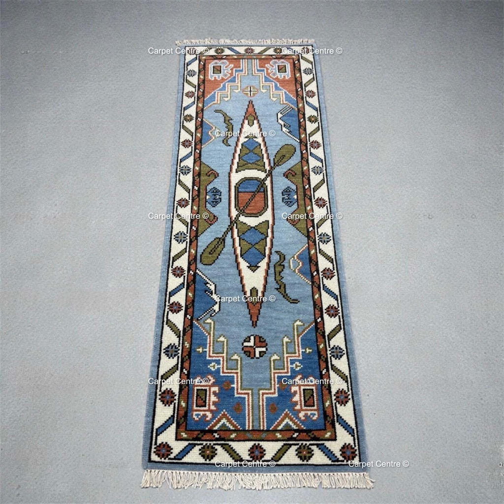 Hand-Knotted Wool Runner Rug, Canoe Figural Oushak Style, Coastal Cabin Decor