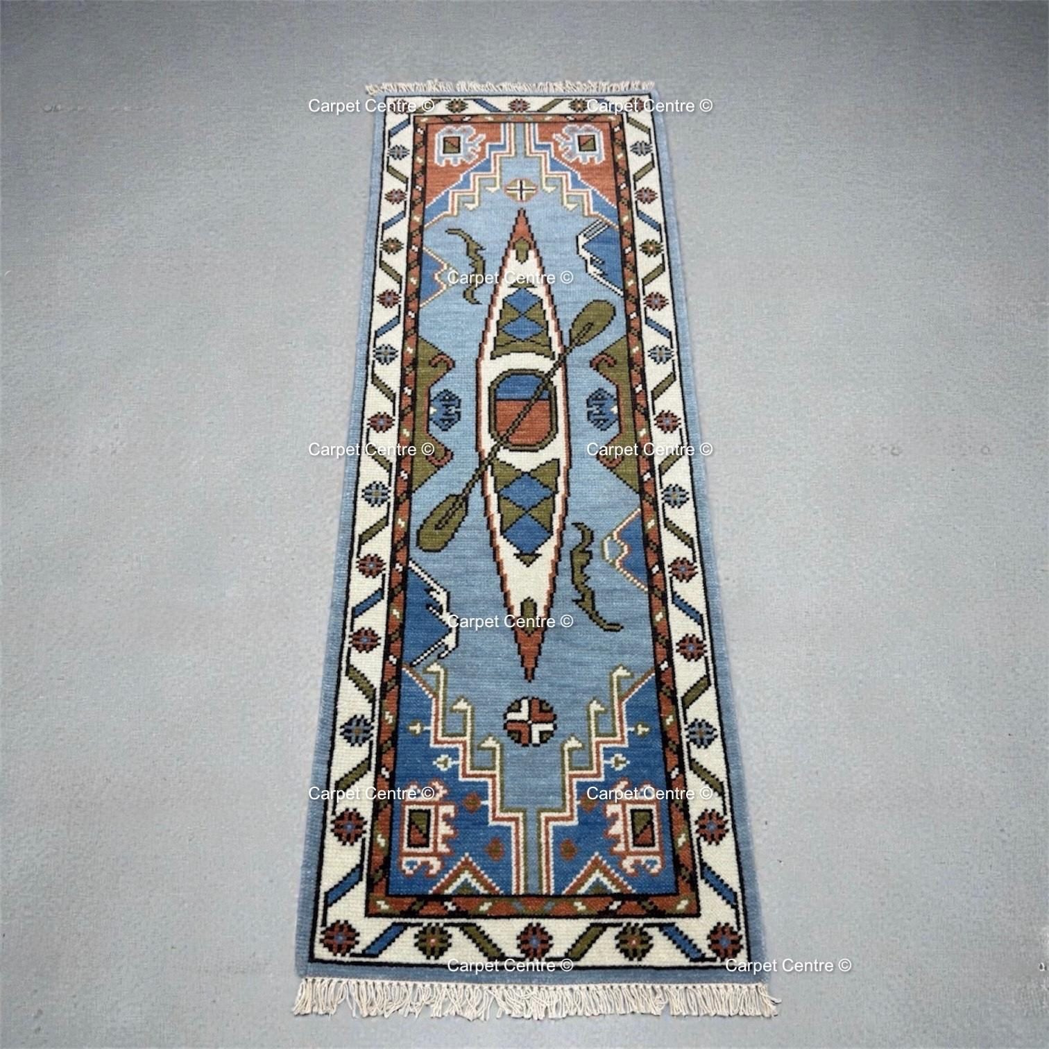 Hand-Knotted Wool Runner Rug, Canoe Figural Oushak Style, Coastal Cabin Decor
