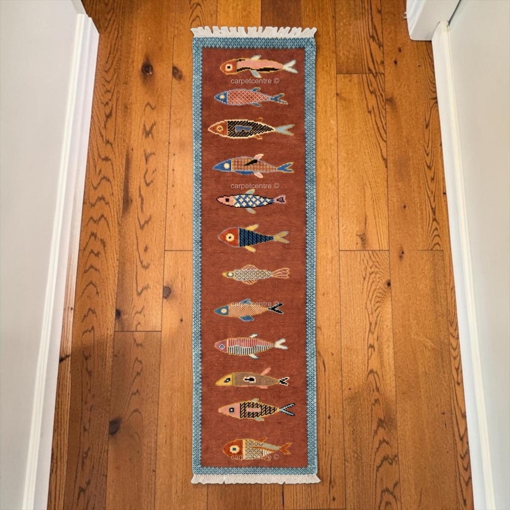 Hand-Knotted Wool Fish Runner Rug: Oushak Pictorial Coastal Style Area Carpet