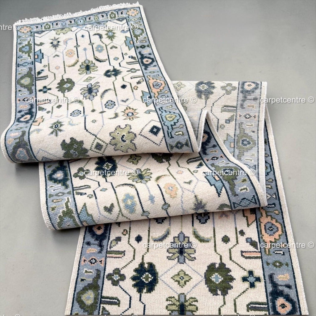 Hand Knotted Oushak Runner, Ivory Blue Wool Hallway Rug, Modern Farmhouse Style