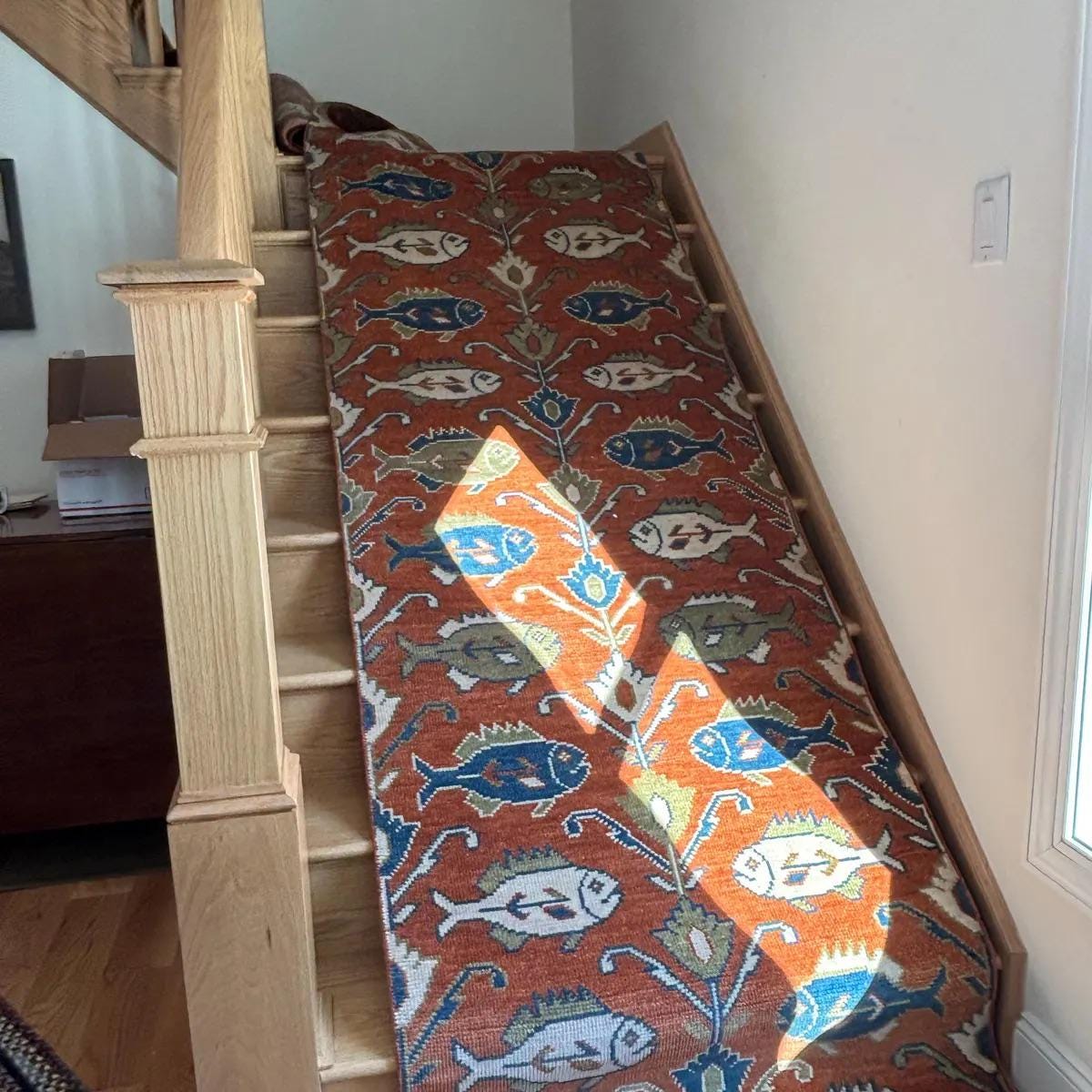 Hand-Knotted Turkish Oushak Runner Rug, Rust Fish Vintage Hallway Decor