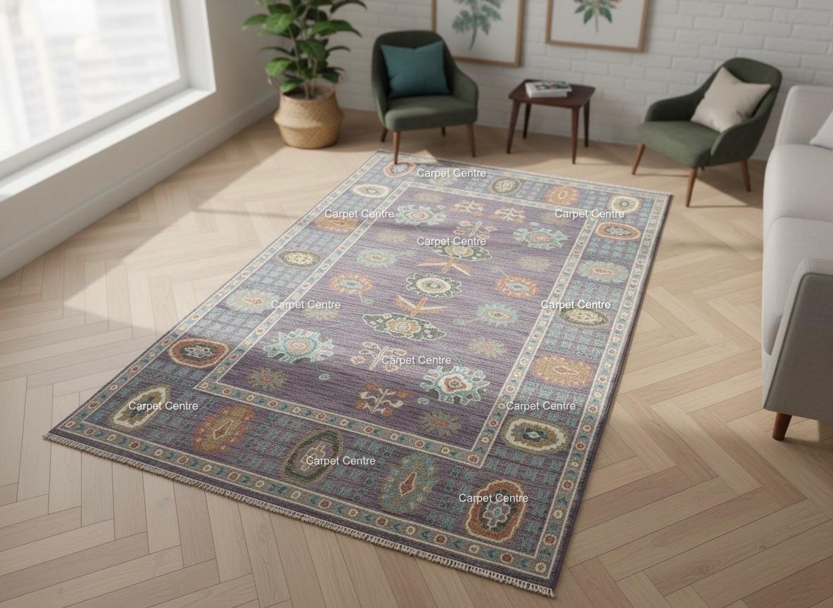 Hand-Knotted Oushak Wool Rug: Lilac Purple Folk Art Medallion