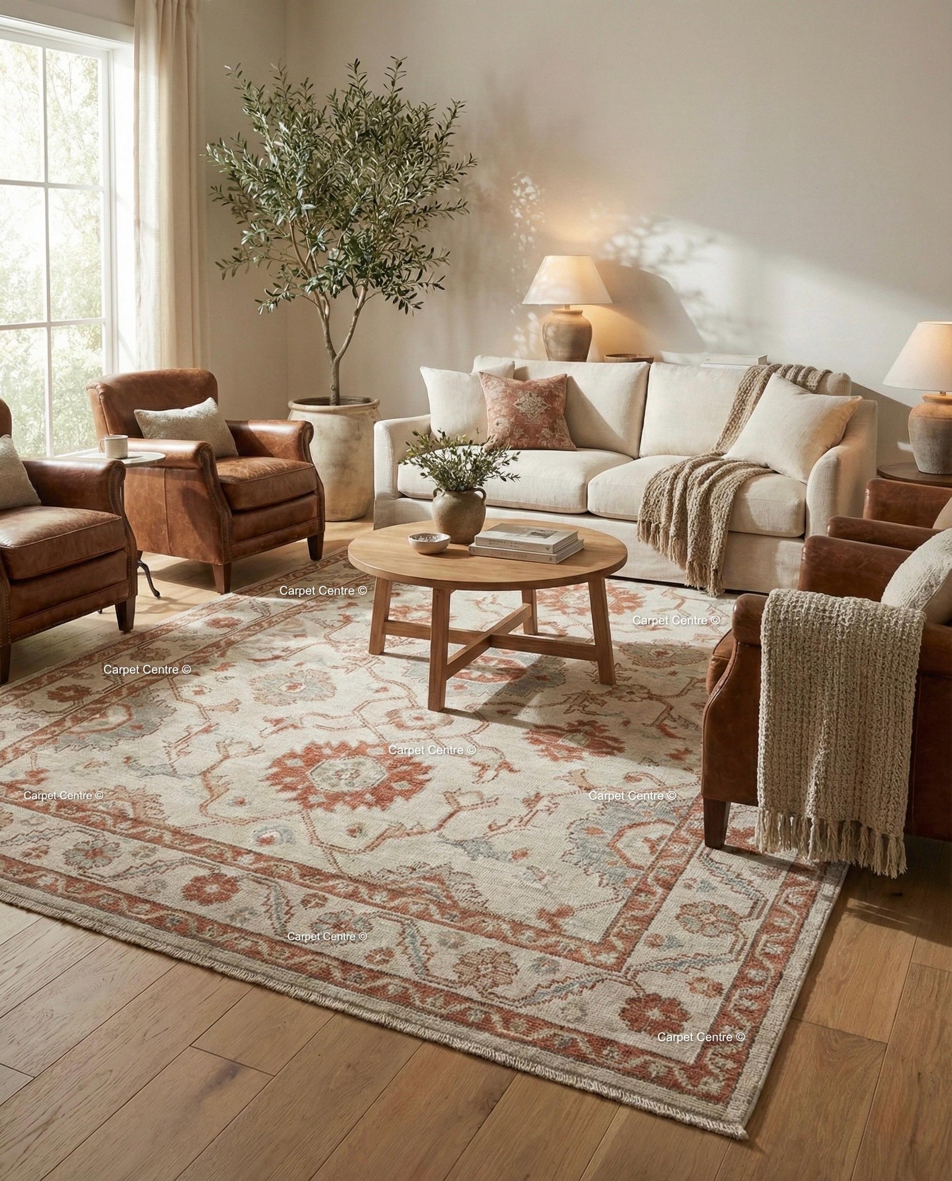 Hand Knotted Turkish Wool Oushak Rug, Rust & Slate Geometric