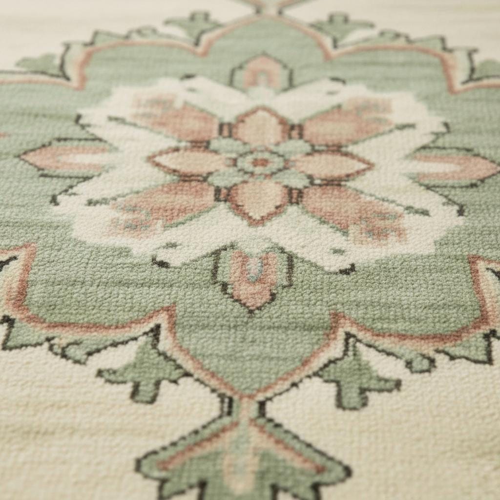 Hand-Knotted Oushak Wool Rug | Ivory, Sage Green Floral Medallion