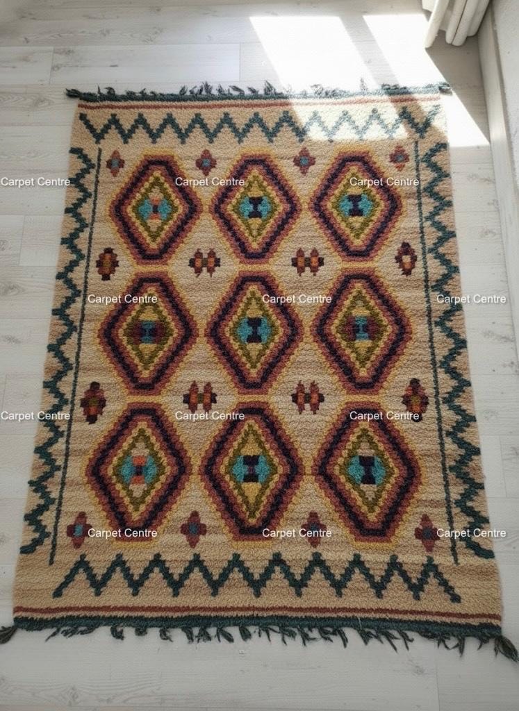 Green Moroccan Shag Rug, Hand-Knotted Wool, Geometric Diamond, Tulu Style