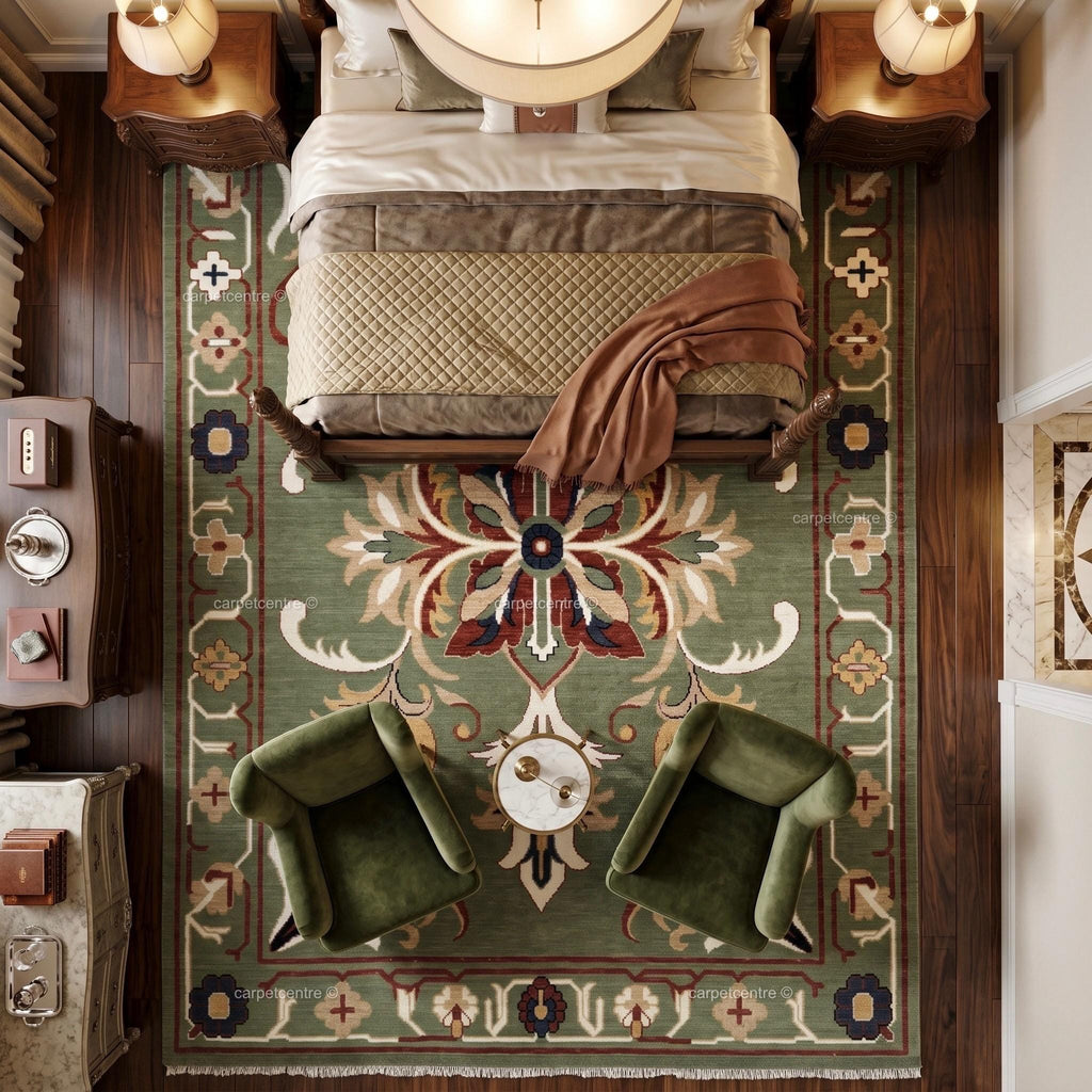 Hand-Knotted Sage Green Oushak Rug | Traditional Turkish Wool Medallion Carpet