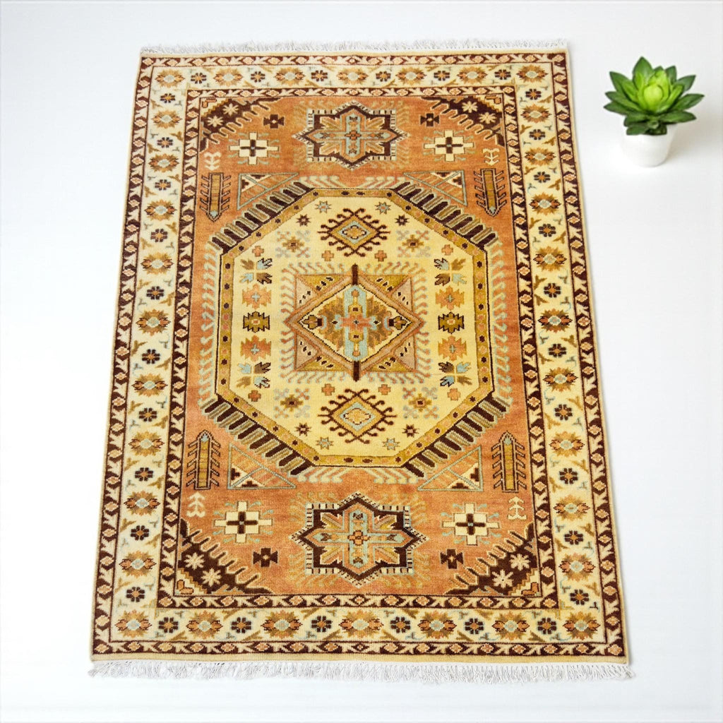 Hand-Knotted Wool Kazak Rug | Tribal Geometric Boho Carpet (7'x5')