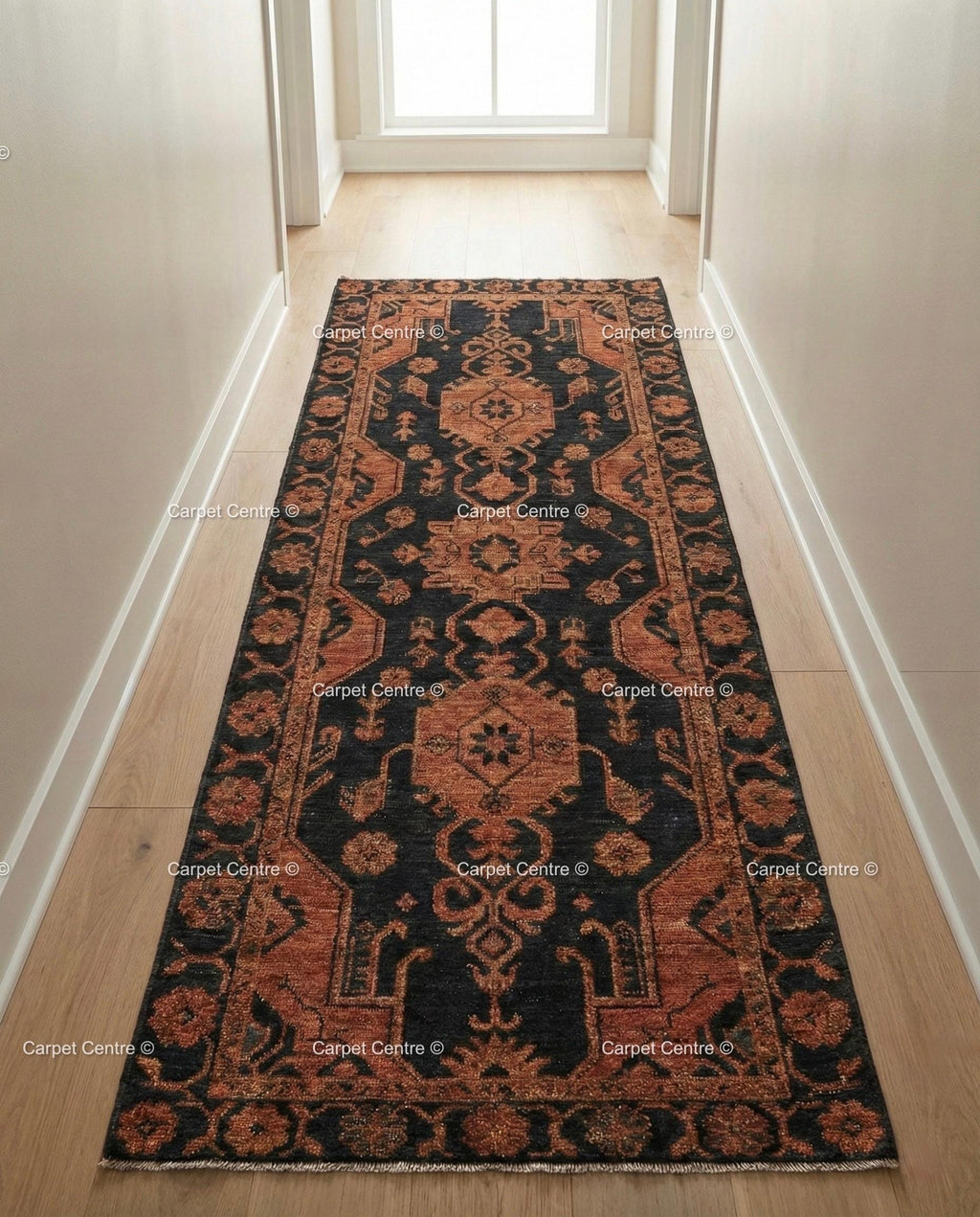 Hand Knotted Oushak Wool Runner, Black & Rust Geometric Hallway Rug