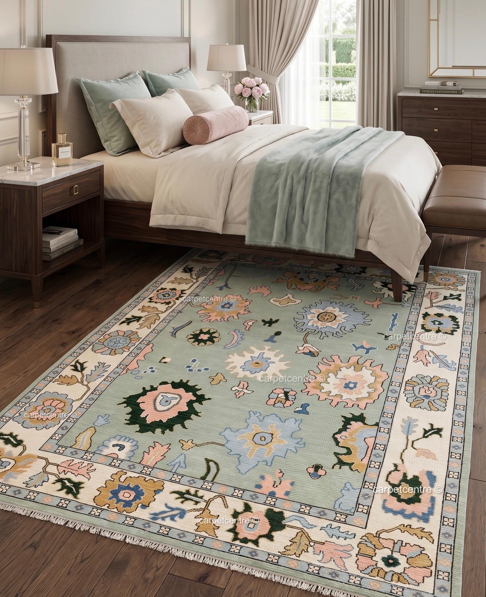 Hand Knotted Wool Oushak Rug, Muted Floral Vintage Style Turkish Area Rug