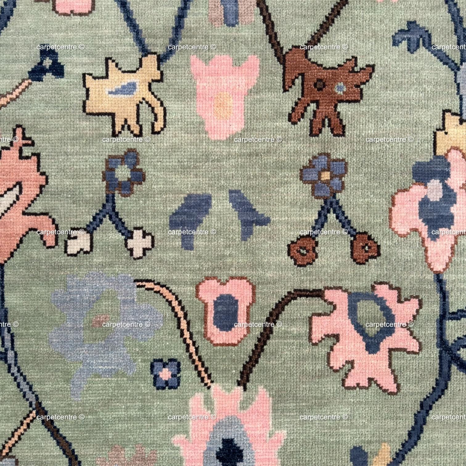 Hand Knotted Sage Green Oushak Wool Rug, Floral Botanical Area Rug