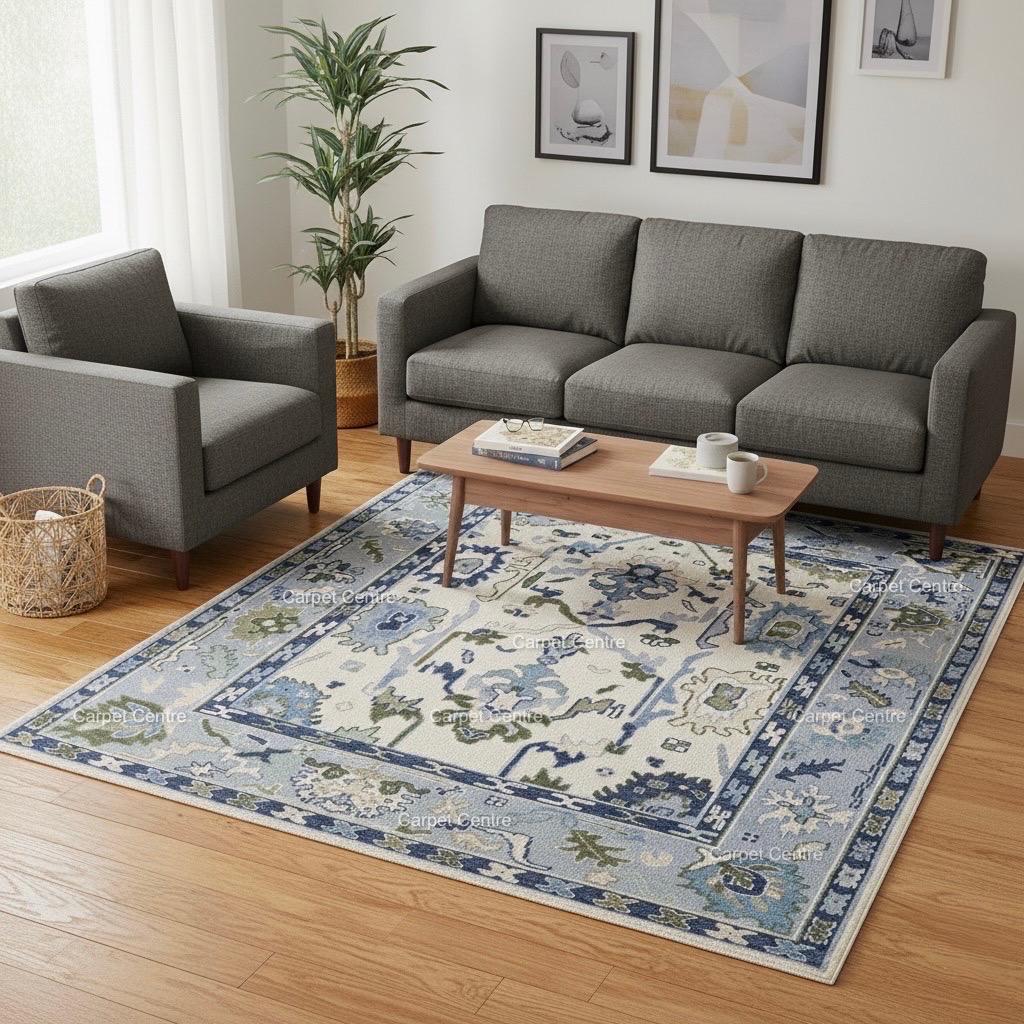 Hand-Knotted Wool Area Rug: Ivory & Blue Oushak Medallion Design