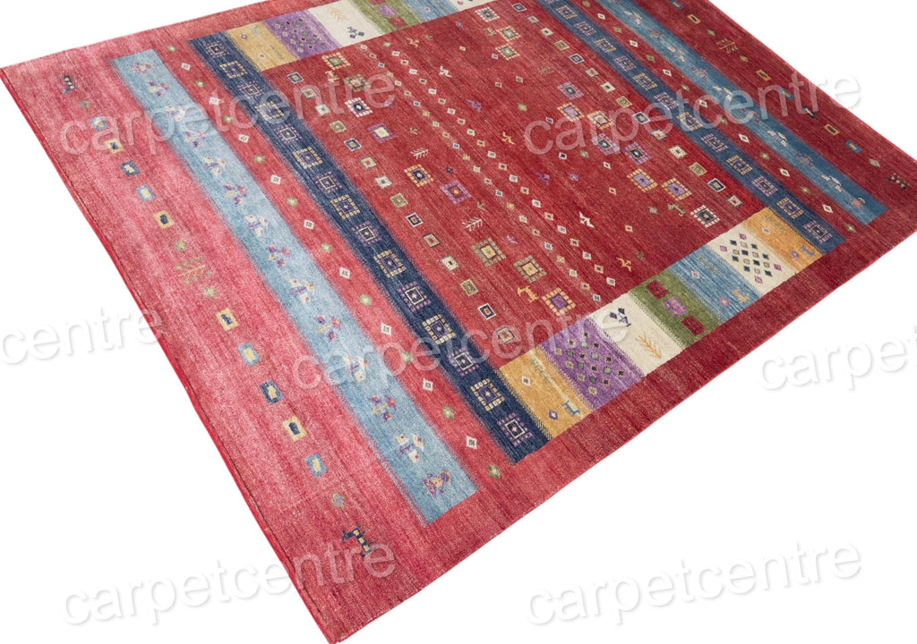 Hand-Knotted Bamboo Silk Rug | Red Geometric Tribal Gabbeh Carpet (7'5"x5'9")