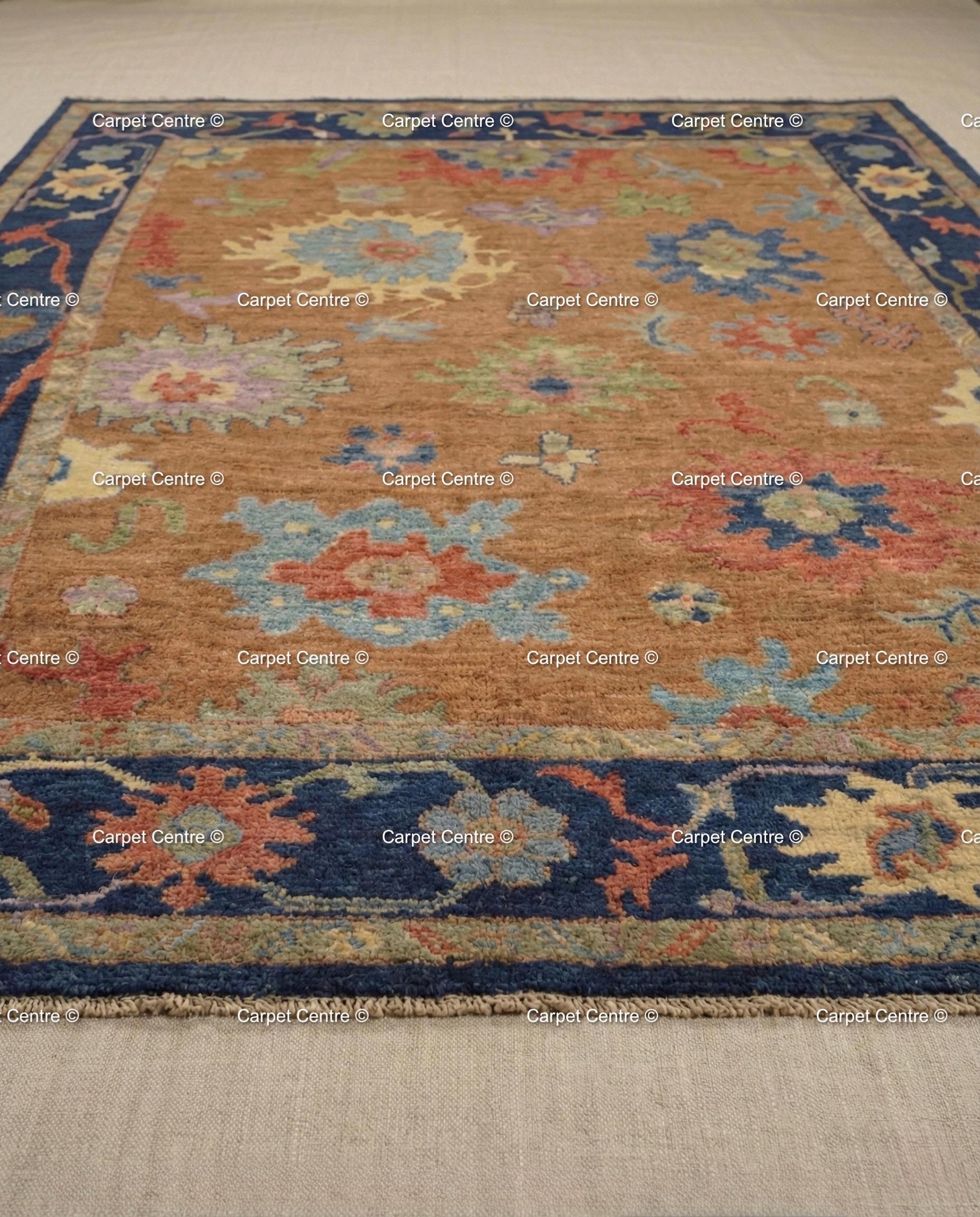 Hand Knotted Wool Oushak Rug – Rust Orange & Navy, Turkish Knot