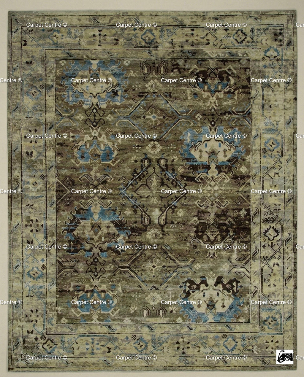 Hand Knotted Turkish Wool Rug, Olive Green Tribal Oushak, 8x10