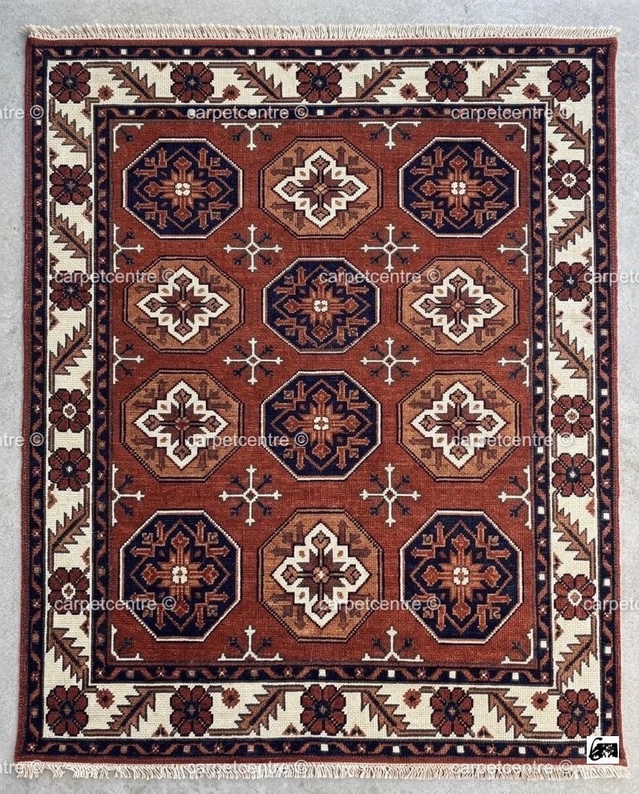 Terracotta Hand Knotted Wool Oushak Rug, Tribal Geometric Area Rug, Turkish Knot Decor