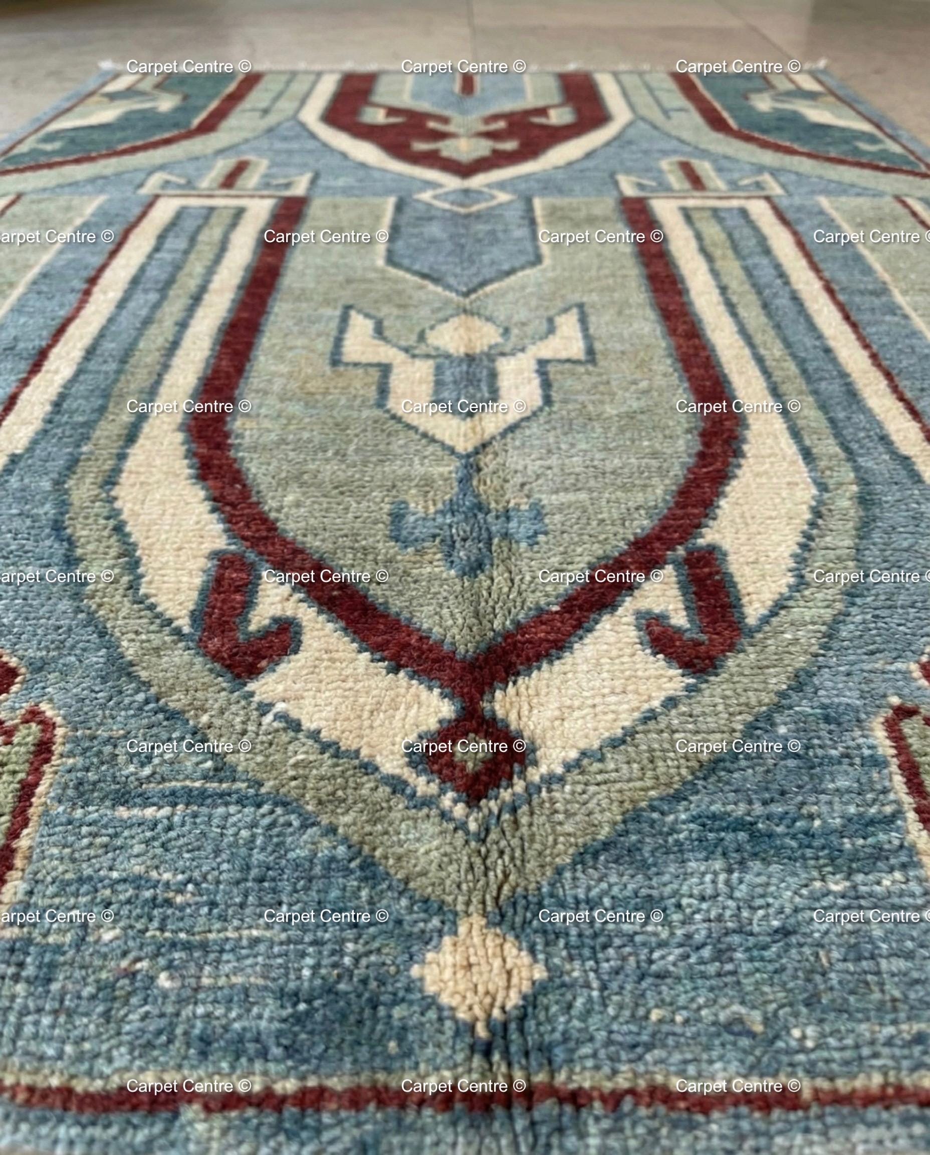 Hand Knotted Teal Oushak Rug, Geometric Arch Design, Turkish Wool