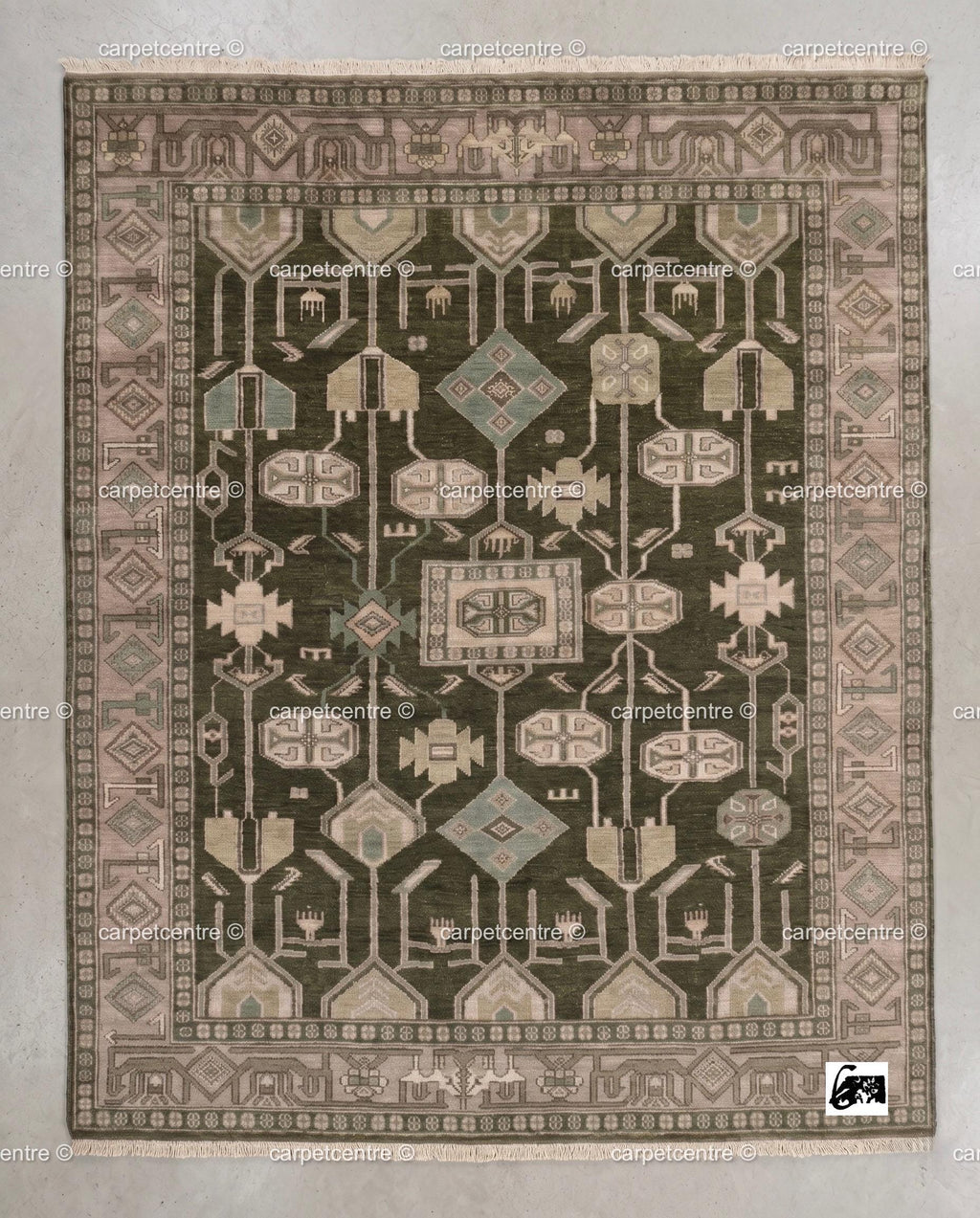 Hand Knotted Oushak Rug, Olive Green Wool, Geometric Tribal Anatolian Carpet