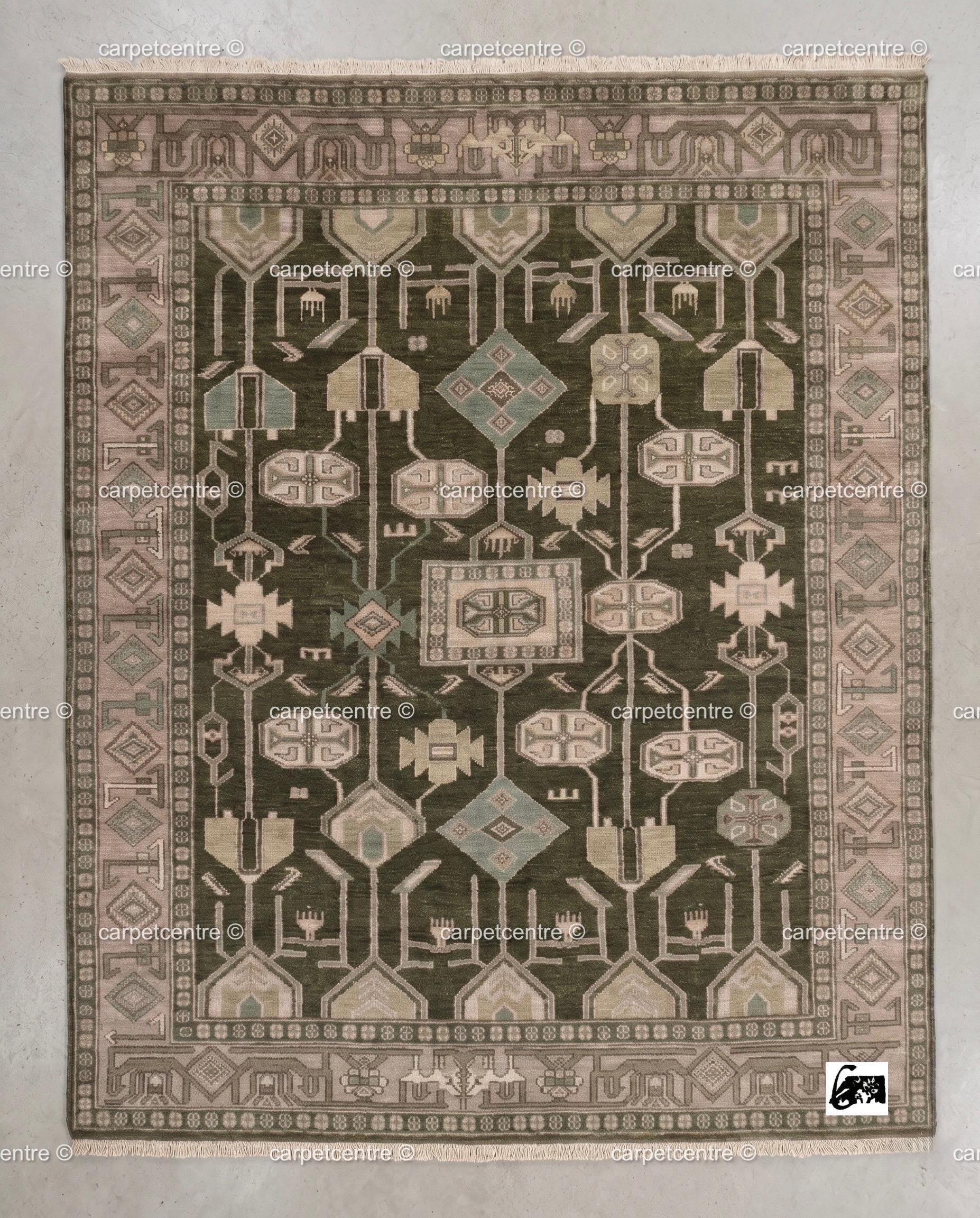 Hand Knotted Oushak Rug, Olive Green Wool, Geometric Tribal Anatolian Carpet