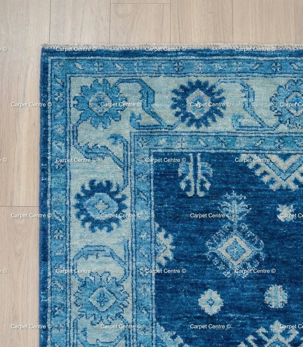 Hand-Knotted Oushak Rug, Indigo Geometric Tribal Wool Carpet, Boys Bedroom Decor