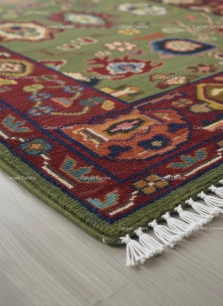 Hand-Knotted Oushak Rug, 100% Handspun Wool, Olive Green, Boho Eclectic
