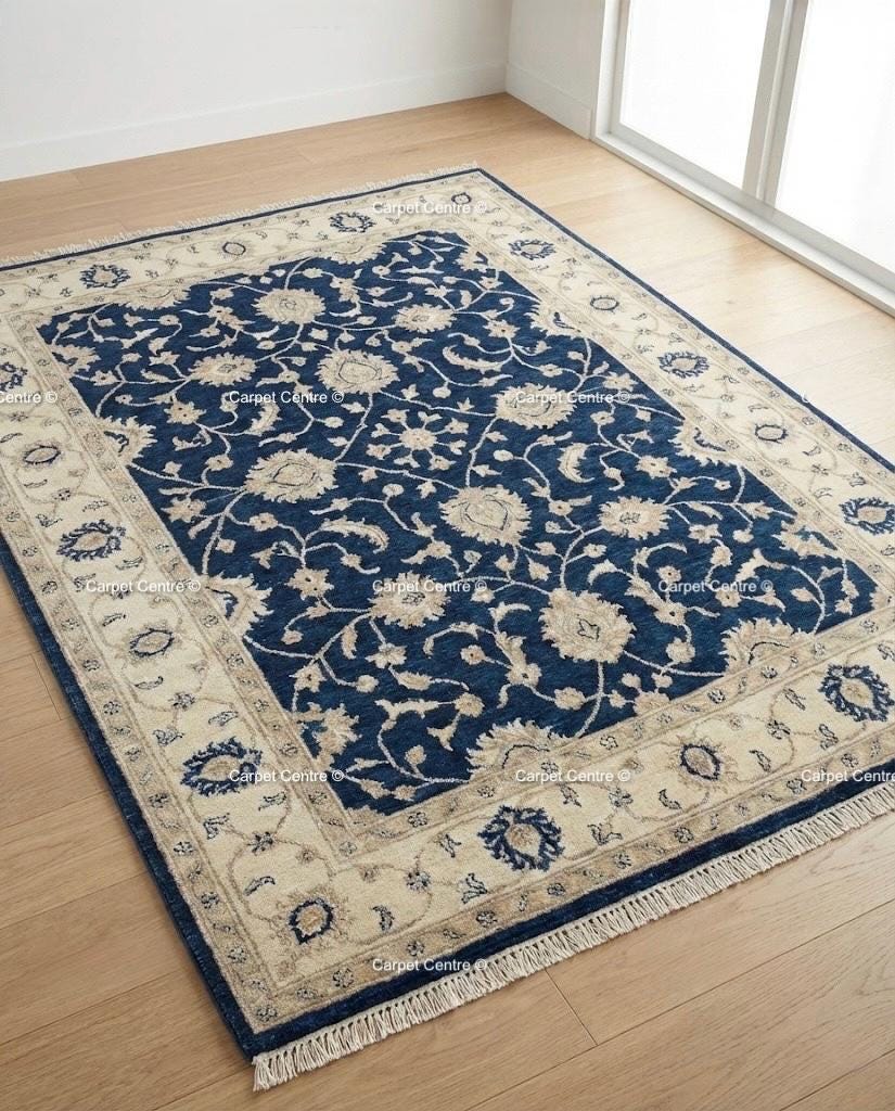 Navy Blue Oushak Rug, Hand-Knotted Wool, Ivory Floral Turkish Knot