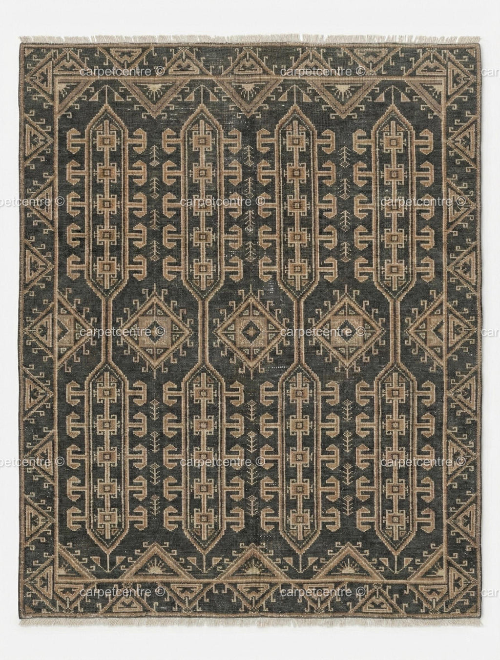 Hand Knotted Oushak Rug | Dark Grey Beige Geometric Tribal Wool Area Rug