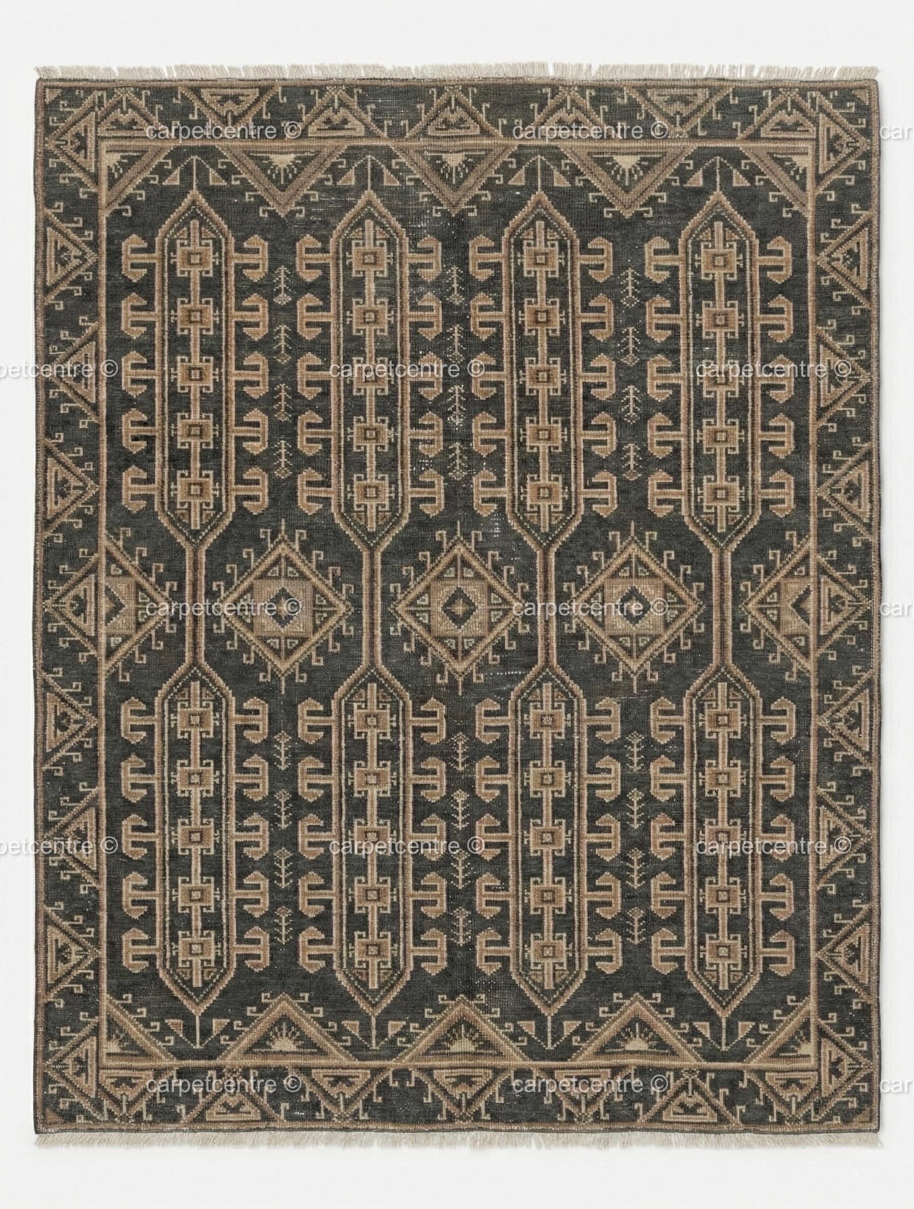 Hand Knotted Oushak Rug | Dark Grey Beige Geometric Tribal Wool Area Rug