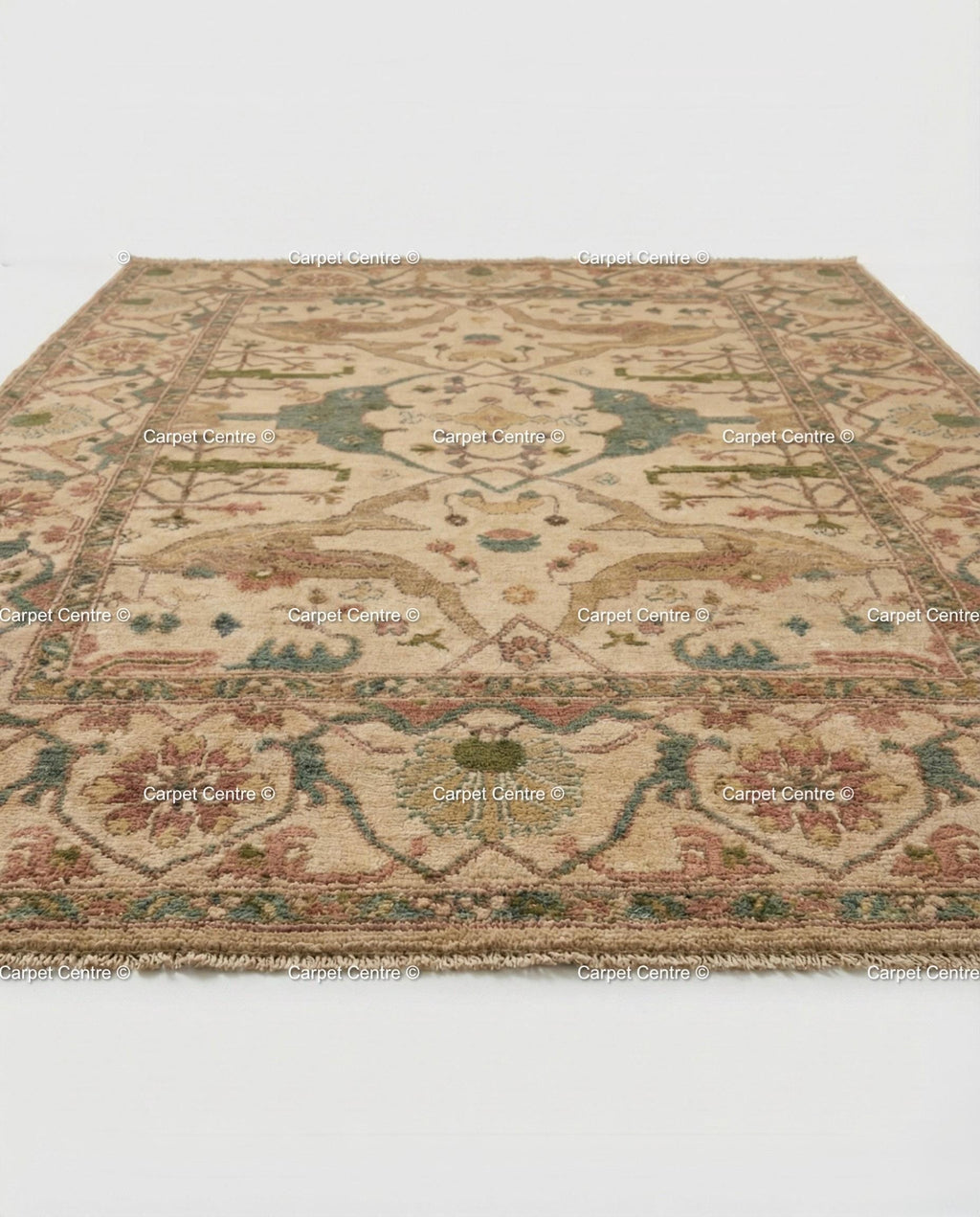 Hand Knotted Wool Oushak Rug, Beige Geometric Medallion, Turkish Knot
