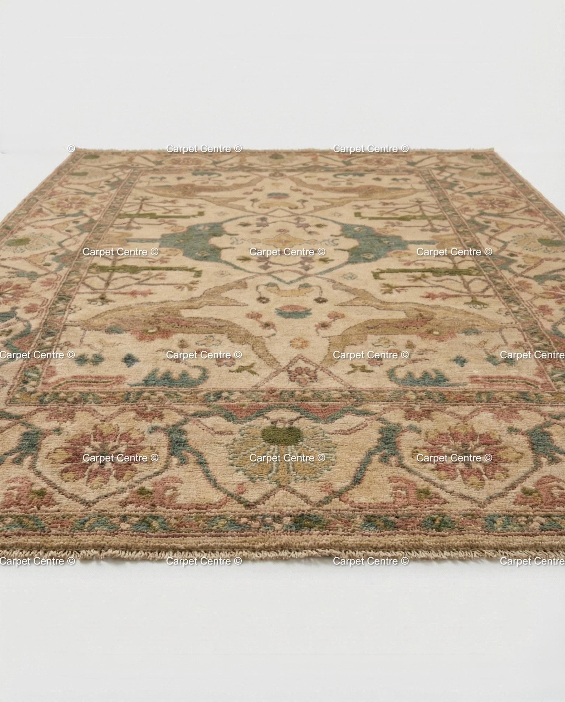 Hand Knotted Wool Oushak Rug, Beige Geometric Medallion, Turkish Knot