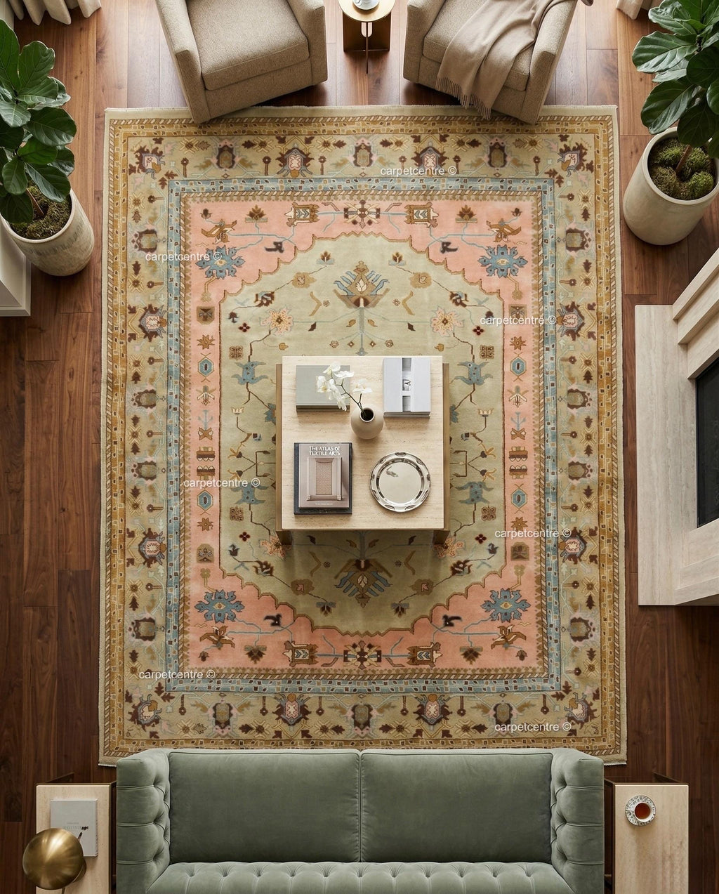 Sage Green Oushak Rug, Muted Peach Floral Geometric Carpet, Boho Nursery Bedroom Decor